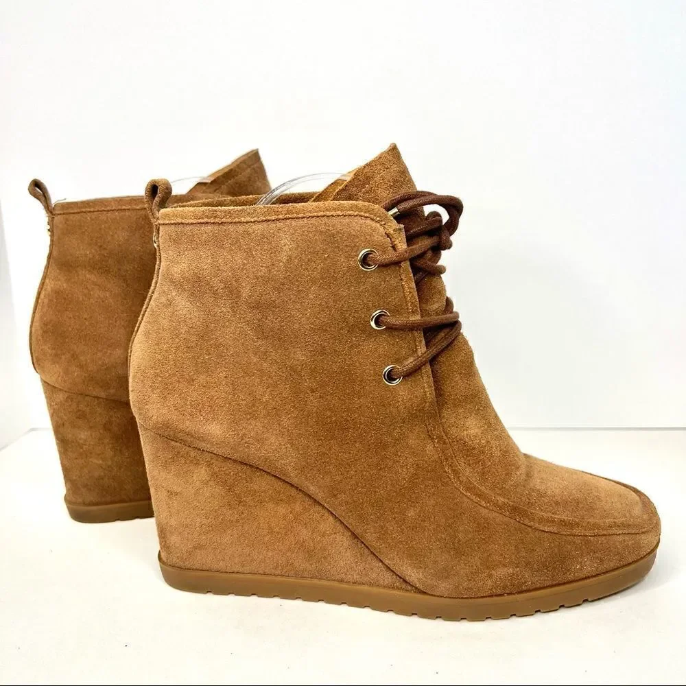 Michael Kors Tamara Lace Up Suede Wedge Booties Brown‎ Womens 9 PV18G